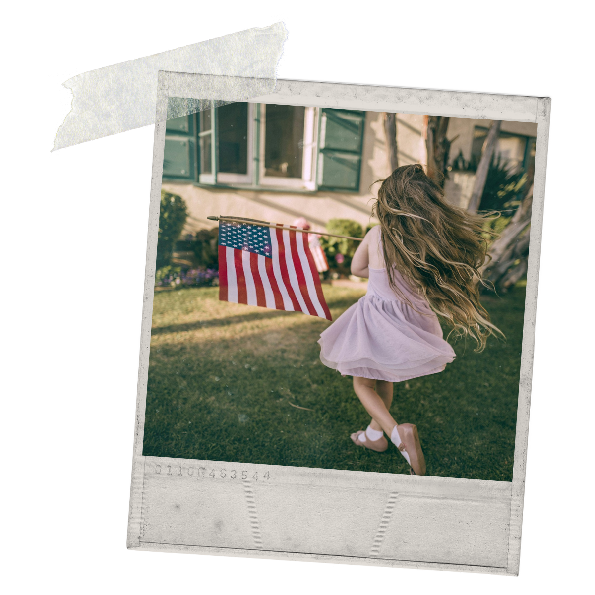 Polaroid of a young girl spinning with an American flag